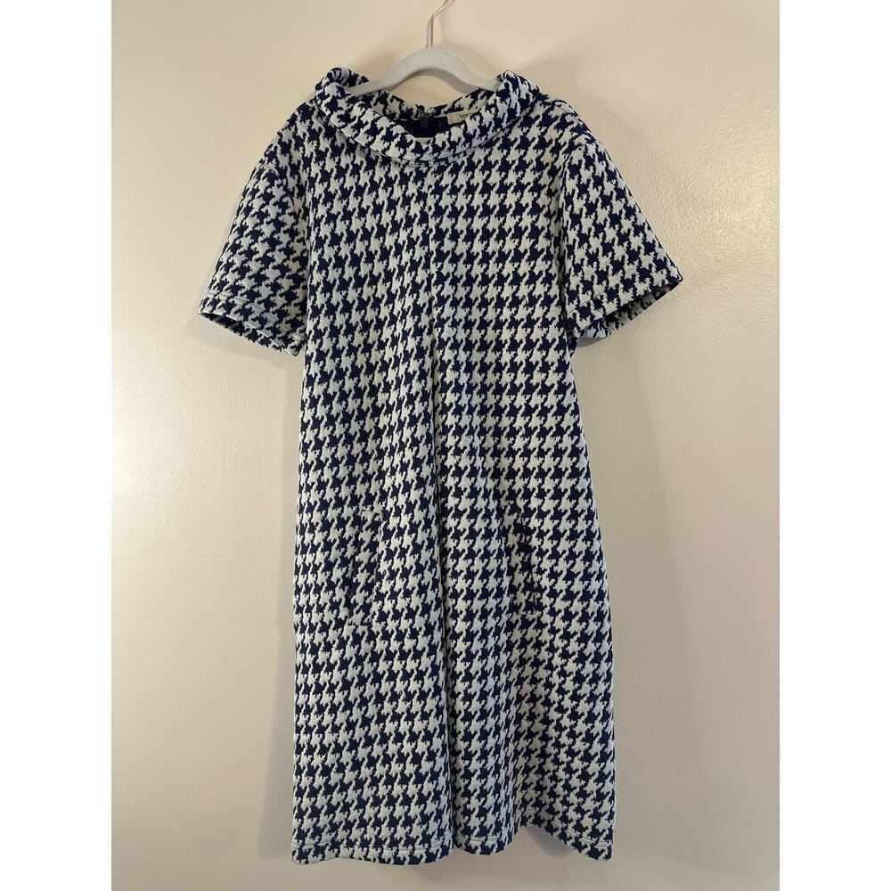Tyler Boë Kristen Pleated Navy Houndstooth Preppy Short Sleeve Knit Dress Size S